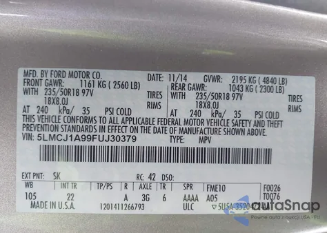 2015 Lincoln Mkc z USA, uszkodzony, nr VIN 5LMCJ1A99FUJ30379